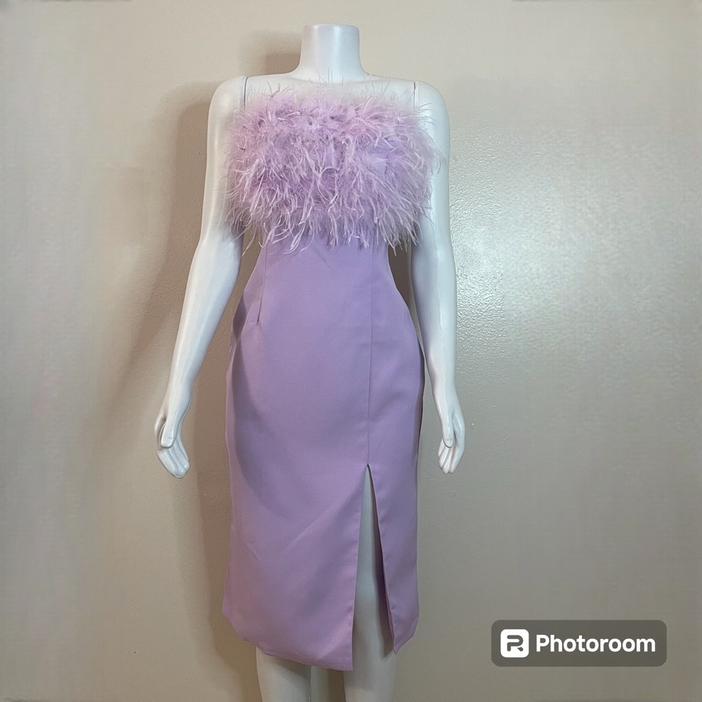 Lavender strapless high slit faux feather accents midi dress
